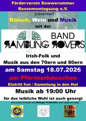 Ein Plakat für eine Veranstaltung mit der Band Rambling Rovers. Die Veranstaltung findet am 18. Juli 2026 im Pförtnerhäuschen statt und bietet irische Folkmusik sowie Getränke.