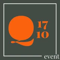Ein modernes Design mit einer großen orangefarbenen Zahl „17“, einem orangefarbenen Kreis und einer stilisierten „Q“. Unten rechts steht das Wort „event“ in freundlicher Schrift.