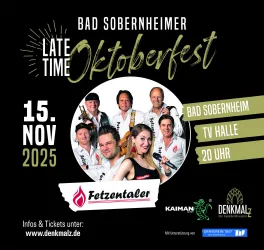 Ein Plakat für das Bad Sobernheimer Oktoberfest am 15. November 2025. Es zeigt die Band Fetzentaler und Informationen zur Veranstaltung.