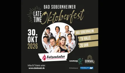 Ein Plakat für das Bad Sobernheimer Oktoberfest am 30. Oktober 2026. Es zeigt die Band "Fetzentaler" und Informationen zur Veranstaltung.