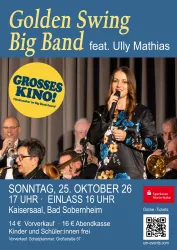 Ein Plakat für ein Konzert der Golden Swing Big Band mit Ully Mathias. Es zeigt eine Sängerin auf der Bühne, umgeben von Musikern mit Instrumenten.