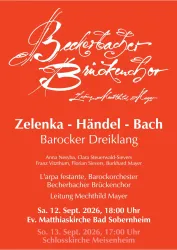 Ein Veranstaltungsposter für ein Konzert mit barocker Musik von Zelenka, Händel und Bach. Es gibt Details zu Datum, Uhrzeit und Ort der Aufführungen.