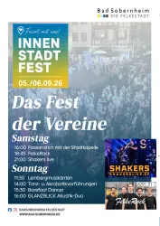 Ein Plakat für das Innenstadtfest in Bad Sobernheim. Es zeigt das Datum - 1. Wochenende im September, das Programm und verschiedene Aktivitäten, die am Festivalwochenende stattfinden.