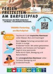 Ein buntes Plakat für einen Ferien- und Freizeittag am Barfußpfad. Es lädt Kinder zu einem spannenden Abenteuer mit Wasser, Spiel und Natur ein.