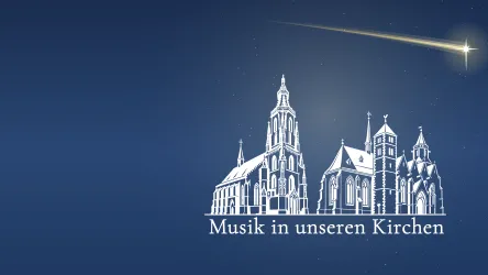 Eine dunkelblaue Hintergrundgrafik mit stilisierten Kirchengebäuden im weißen Design. Der Text "Musik in unseren Kirchen" und ein Lichtstrahl verleihen dem Bild eine festliche Atmosphäre.