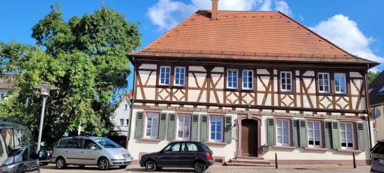 Ein charmantes Fachwerkhaus mit einem roten Dach. Umgeben von Bäumen.
