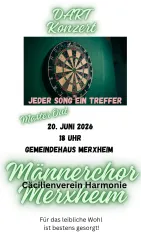 Ein Plakat für ein Dart-Konzert mit einem Dartboard im Hintergrund. Das Event findet am 20. Juni 2026 im Gemeindehaus Merxheim statt.