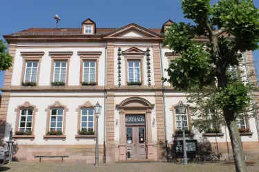 Ein schönes historisches Gebäude mit hellen Fenstern und einem einladenden Eingang. Im Vordergrund sind einige Bäume und eine Lampe zu sehen.