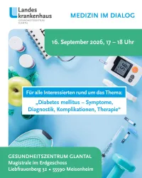 Ein Werbeplakat für eine Veranstaltung zum Thema Diabetes mellitus. Es zeigt medizinische Geräte und bietet Informationen über Datum, Uhrzeit und Ort der Veranstaltung.