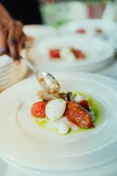 Ein Teller mit farbenfrohem Essen, darunter frische Tomaten, eine cremige Zutat und eine grüne Sauce. Eine Hand reicht einen Löffel, um das Gericht zu servieren.