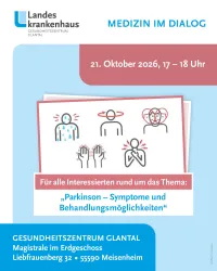 Eine Informationsveranstaltung über Parkinson im Gesundheitszentrum Glantal. Die Veranstaltung findet am 21. Oktober 2026 von 17 bis 18 Uhr statt.