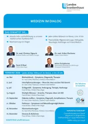 Ein Informationsblatt des Landeskrankenhauses, das verschiedene medizinische Fachgebiete und Ansprechpartner vorstellt. Es enthält Termine für Veranstaltungen, die jeden dritten Mittwoch im Monat stattfinden.