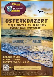 Ein Plakat für ein Osterkonzert im Bürgerhaus Ruschberg. Es zeigt eine meeresnahe Landschaft mit einem schönen Sonnenuntergang.