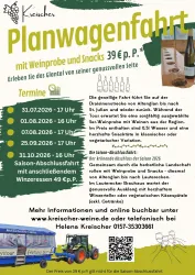 Ein Flyer für eine Planwagenfahrt mit Weinprobe und Snacks. Die Veranstaltung bietet Termine an und enthält Informationen zur Buchung.