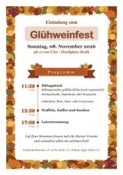 Einladung zum Glühweinfest am Sonntag, 08. November 2026, ab 11:00 Uhr. Das Programm umfasst Mittagstisch, Waffeln und einen Laternenumzug.