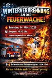 Ein Plakat für die Winterverbrennung an der Feuerwehr. Es zeigt einen brennenden Schneemann und ein Feuerwehrfahrzeug, mit Informationen zum Eventdatum und -ort.