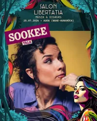 Ein farbenfrohes Plakat für eine Veranstaltung mit der Künstlerin Sookee. Es zeigt eine Portraitaufnahme und enthält Informationen zu Datum und Ort.