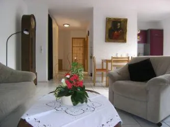 Wohnzimmer mit Blick auf den Flur u. Küche
