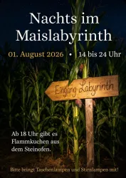 Ein labyrinthischer Maisfeld mit einem Holzschild, das den Eingang markiert. Der Nachthimmel ist sichtbar und zeigt eine stimmungsvolle Atmosphäre.