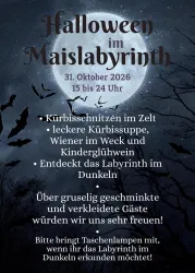 Ein schauriges Halloween-Event im Maislabyrinth mit einer Gruselthematik. Es gibt Kürbisschnitzen, leckere Kürbissuppe und eine Erkundung des Labyrinths bei Nacht.