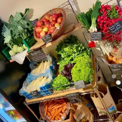 Ein gut sortierter Gemüsestand mit frischem Gemüse und Obst. Es gibt Brokkoli, Äpfel, Radieschen und verschiedene Salatsorten.