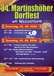 Ein Plakat für das 34. Martinshöher Dorffest am Wasserturm. Es zeigt das Veranstaltungsprogramm für den 1. und 2. August 2026.