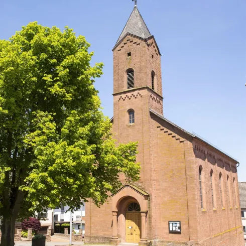Eine rote Backsteinkirche mit einem glockigen Turm. Daneben steht ein großer grüner Baum unter einem klaren blauen Himmel.