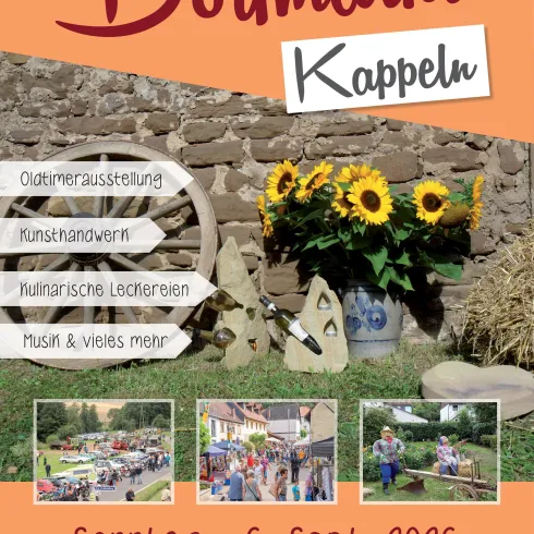 Ein Plakat für den Dorfmarkt in Kappeln mit bunten Sunflowers und Bildern vom Marktgeschehen. Der Markt findet am Sonntag, den 6. September 2026, von 10:00 bis 18:00 Uhr statt.