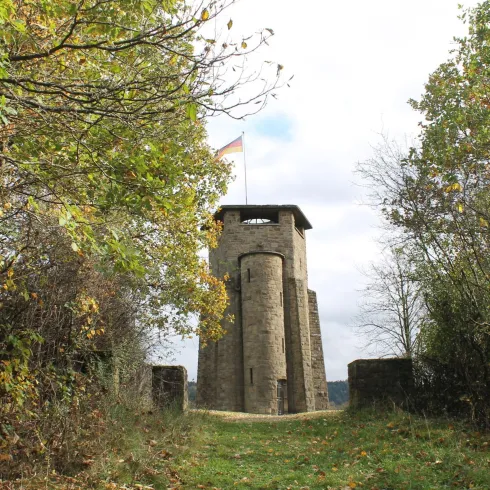 Ein alter Turm umgeben von Bäumen und grünem Pflanzenbewuchs. Der Himmel ist bewölkt und die Umgebung wirkt ruhig.