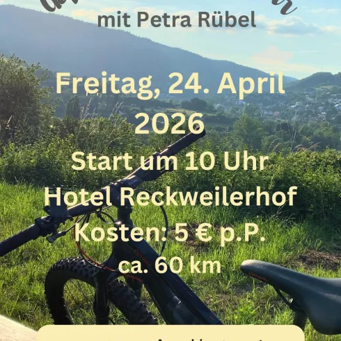 Ein Poster für eine geführte E-Bike Tour mit Informationen zum Termin, Startzeit und Treffpunkt. Die Tour findet am 24. April 2026 statt und kostet 5 € pro Person.