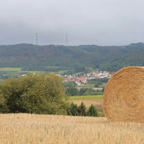 Eine ländliche Szene mit einem großen Rundballen Heu in einem Feld. Im Hintergrund sind sanfte Hügel und ein kleines Dorf zu sehen.