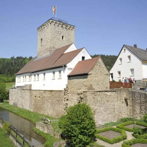 Eine historische Burg mit einem Turm und umliegenden Gärten. Der Himmel ist klar und blau, umgeben von grüner Landschaft.