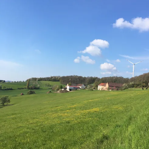 Eine malerische Landschaft mit grünen Wiesen und verstreuten Häusern. Im Hintergrund sind sanfte Hügel und ein Windrad zu sehen.