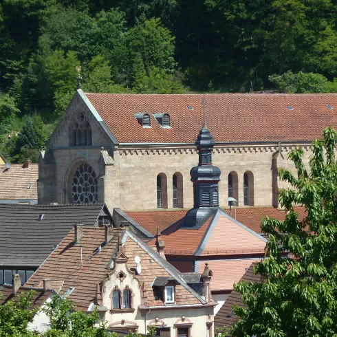 Ein Blick auf historische Gebäude mit einem Kirchturm im Vordergrund. Im Hintergrund sind Wälder sichtbar, die die Landschaft umgeben.
