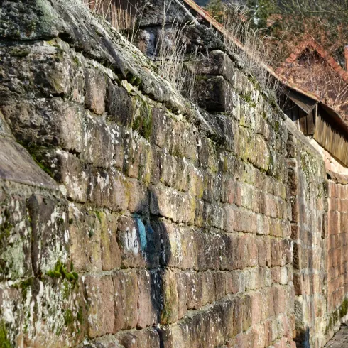 Eine alte Steinmauer mit Moosbewuchs. Im Hintergrund sind einige Gebäude zu sehen.