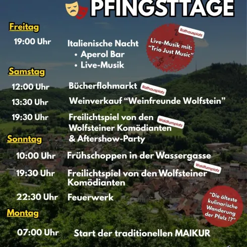 Ein bunter Veranstaltungsflyer für die Wolfsteiner Pfingstage. Es werden verschiedene Aktivitäten und Programmpunkte von Freitag bis Montag aufgeführt, darunter Live-Musik, Flohmarkt und Feuerwerk.