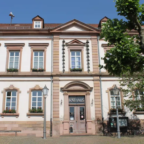 Ein schönes historisches Gebäude mit hellen Fenstern und einem einladenden Eingang. Im Vordergrund sind einige Bäume und eine Lampe zu sehen.