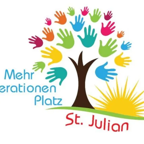Ein farbenfrohes Logo mit einem Baum, der von Händen in verschiedenen Farben umgeben ist. Es steht für den Mehrgenerationen Platz in St. Julian.