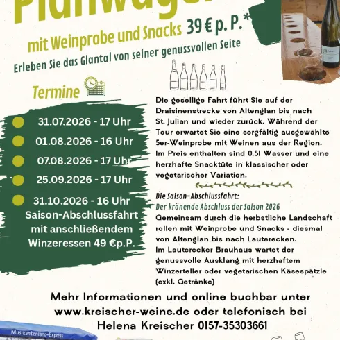 Ein Flyer für eine Planwagenfahrt mit Weinprobe und Snacks. Er enthält Informationen zu Terminen und Preisen für das Erlebnis im schönen Dantal.