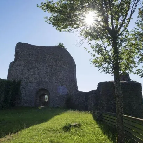 Eine alte Ruine umgeben von Bäumen und Gras. Die Sonne scheint durch die Struktur und erzeugt ein schönes Lichtspiel.
